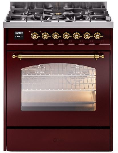 ILVE Nostalgie II 30" Dual Fuel Natural Gas Range in Burgundy with Brass Trim, UP30NMPBUG