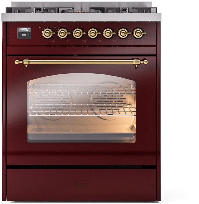 ILVE Nostalgie II 30" Dual Fuel Natural Gas Range in Burgundy with Brass Trim, UP30NMPBUG