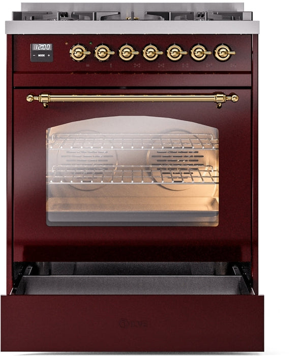 ILVE Nostalgie II 30" Dual Fuel Natural Gas Range in Burgundy with Brass Trim, UP30NMPBUG