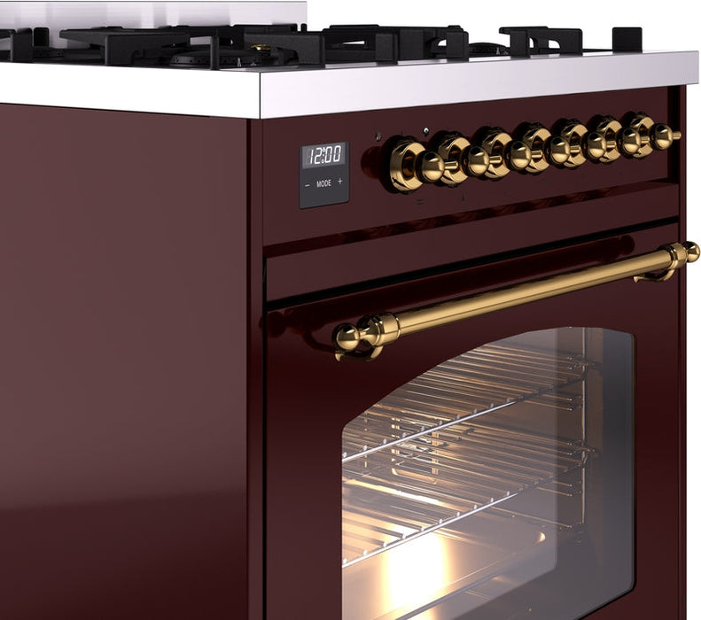 ILVE Nostalgie II 30" Dual Fuel Natural Gas Range in Burgundy with Brass Trim, UP30NMPBUG