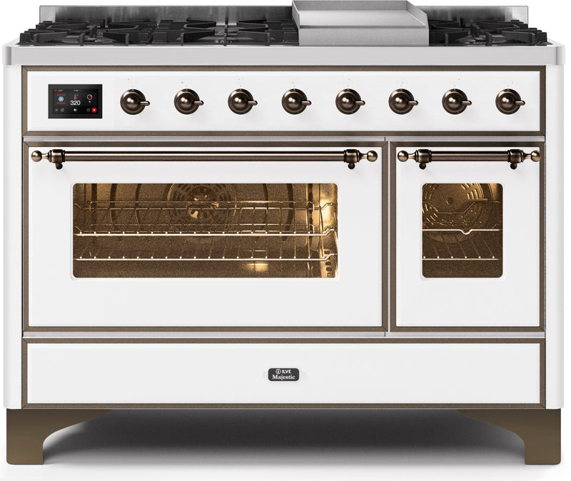 ILVE Majestic II 48" Dual Fuel Propane Gas Range in White with Bronze Trim, UM12FDNS3WHBLP