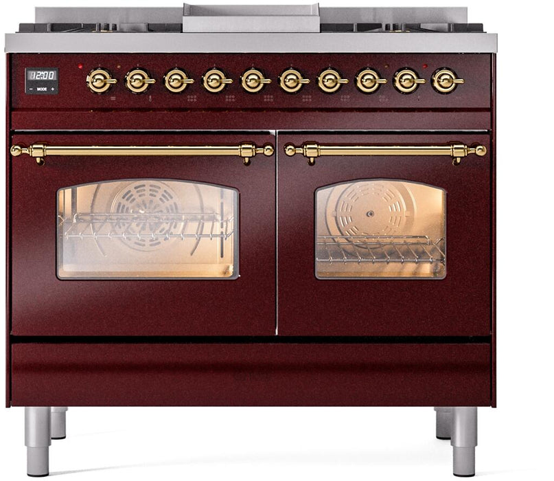 ILVE Nostalgie II 40" Dual Fuel Propane Gas Range in Burgundy with Brass Trim, UPD40FNMPBUGLP