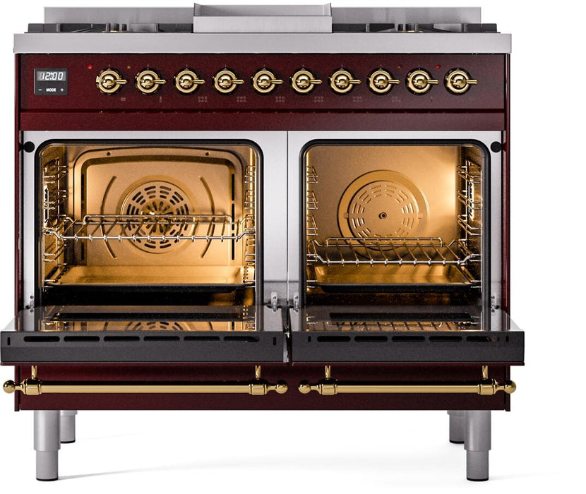 ILVE Nostalgie II 40" Dual Fuel Propane Gas Range in Burgundy with Brass Trim, UPD40FNMPBUGLP