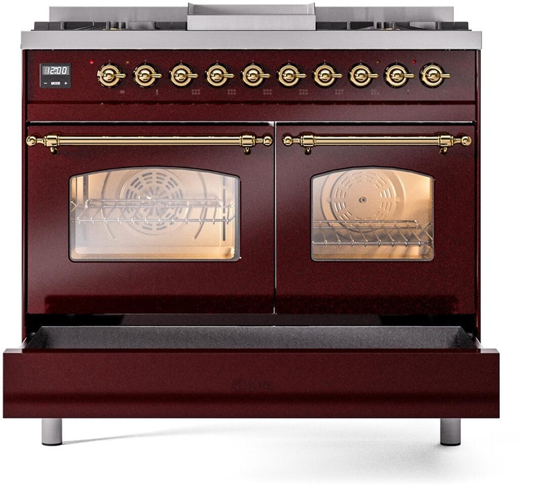 ILVE Nostalgie II 40" Dual Fuel Propane Gas Range in Burgundy with Brass Trim, UPD40FNMPBUGLP