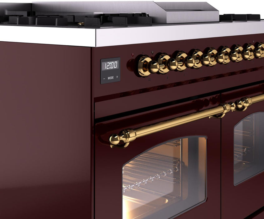 ILVE Nostalgie II 40" Dual Fuel Propane Gas Range in Burgundy with Brass Trim, UPD40FNMPBUGLP