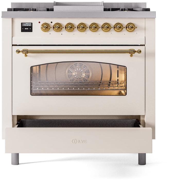 ILVE Nostalgie II 36" Dual Fuel Natural Gas Range in Antique White with Brass Trim, UP36FNMPAWG