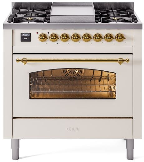 ILVE Nostalgie II 36" Dual Fuel Natural Gas Range in Antique White with Brass Trim, UP36FNMPAWG