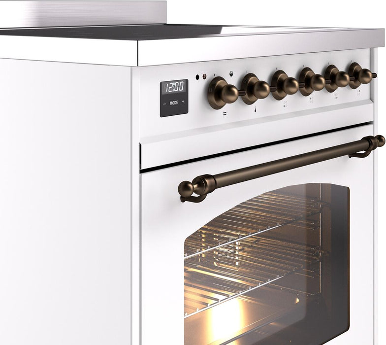 ILVE Nostalgie II 30" Induction Range with Element Stove and Electric Oven in White with Bronze Trim, UPI304NMPWHB