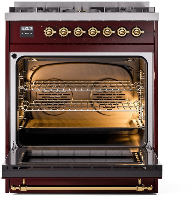 ILVE Nostalgie II 30" Dual Fuel Propane Gas Range in Burgundy with Brass Trim, UP30NMPBUGLP