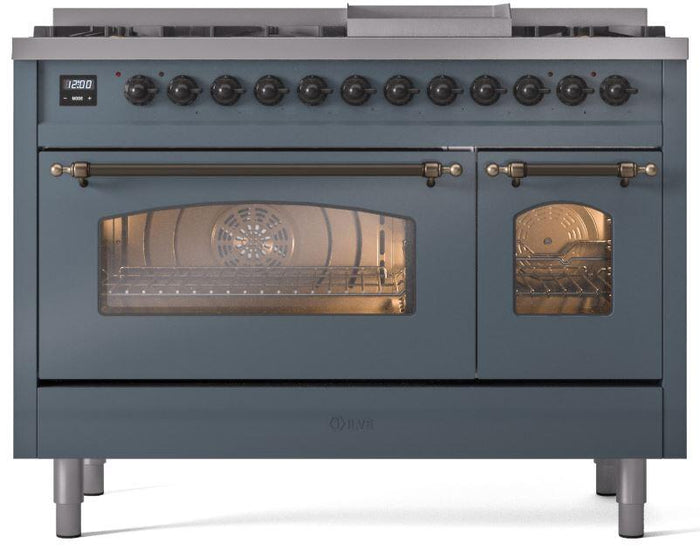 ILVE Nostalgie II 48" Dual Fuel Natural Gas Range in Blue Grey with Bronze Trim, UP48FNMPBGB