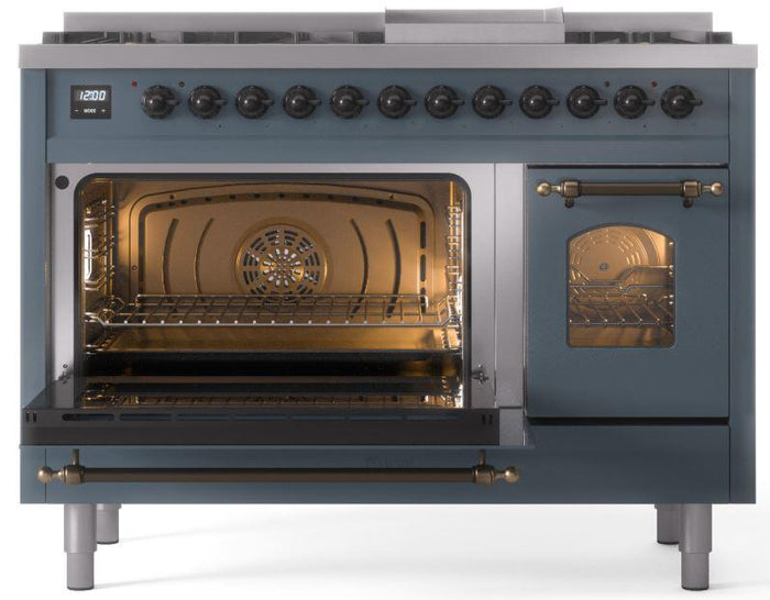 ILVE Nostalgie II 48" Dual Fuel Propane Gas Range in Blue Grey with Bronze Trim, UP48FNMPBGBLP