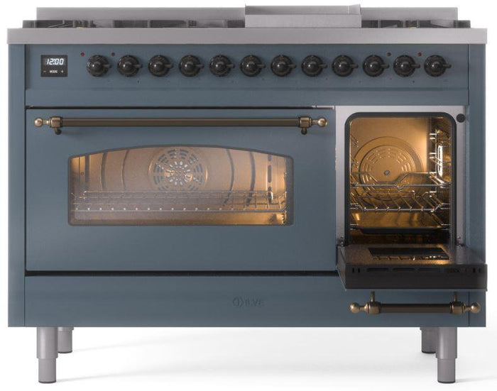 ILVE Nostalgie II 48" Dual Fuel Propane Gas Range in Blue Grey with Bronze Trim, UP48FNMPBGBLP