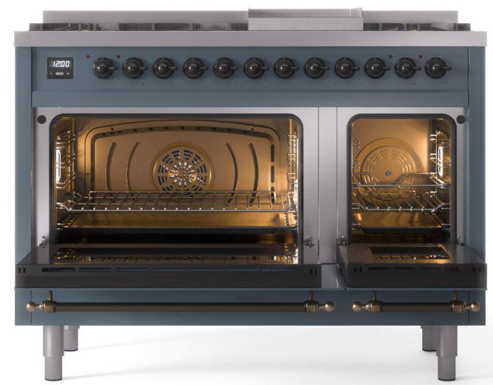 ILVE Nostalgie II 48" Dual Fuel Natural Gas Range in Blue Grey with Bronze Trim, UP48FNMPBGB