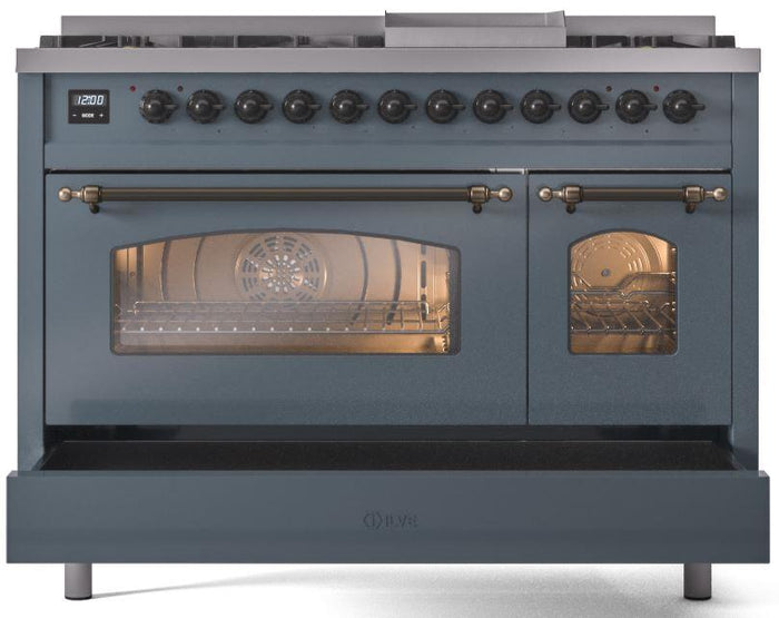 ILVE Nostalgie II 48" Dual Fuel Propane Gas Range in Blue Grey with Bronze Trim, UP48FNMPBGBLP