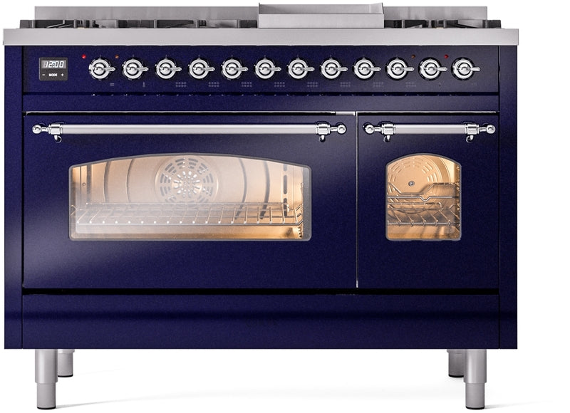 ILVE Nostalgie II 48" Dual Fuel Propane Gas Range in Blue with Chrome Trim, UP48FNMPMBCLP