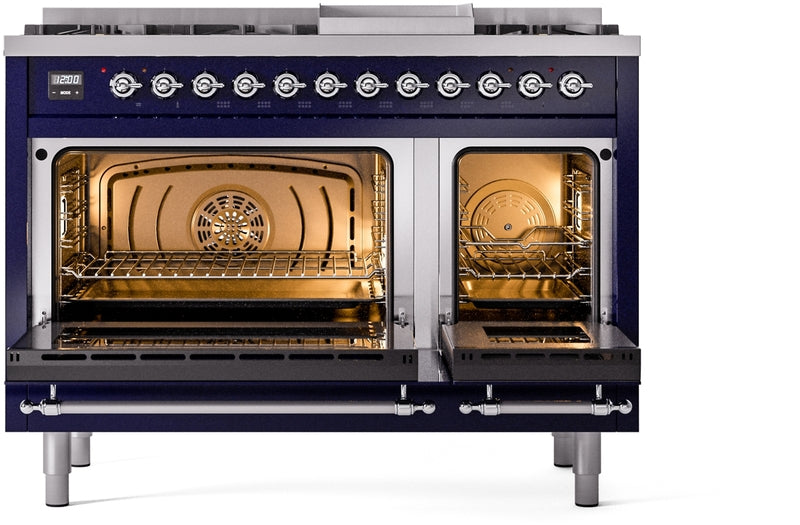 ILVE Nostalgie II 48" Dual Fuel Propane Gas Range in Blue with Chrome Trim, UP48FNMPMBCLP