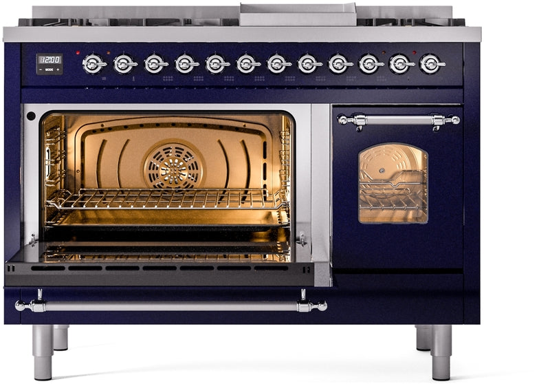 ILVE Nostalgie II 48" Dual Fuel Propane Gas Range in Blue with Chrome Trim, UP48FNMPMBCLP