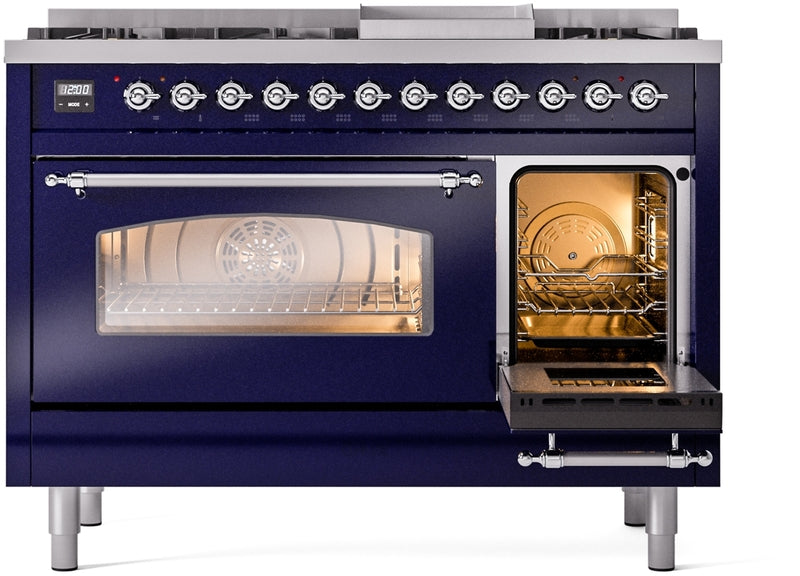 ILVE Nostalgie II 48" Dual Fuel Propane Gas Range in Blue with Chrome Trim, UP48FNMPMBCLP