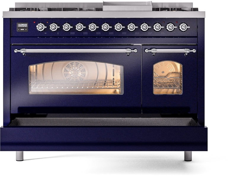 ILVE Nostalgie II 48" Dual Fuel Propane Gas Range in Blue with Chrome Trim, UP48FNMPMBCLP