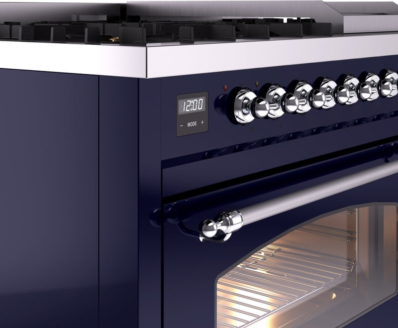 ILVE Nostalgie II 48" Dual Fuel Propane Gas Range in Blue with Chrome Trim, UP48FNMPMBCLP