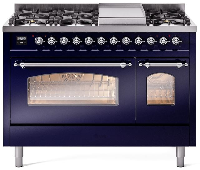 ILVE Nostalgie II 48" Dual Fuel Propane Gas Range in Blue with Chrome Trim, UP48FNMPMBCLP