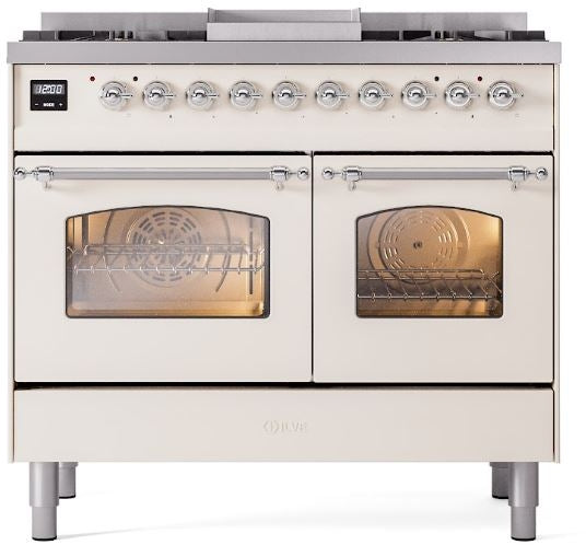 ILVE Nostalgie II 40" Dual Fuel Natural Gas Range in Antique White with Chrome Trim, UPD40FNMPAWC