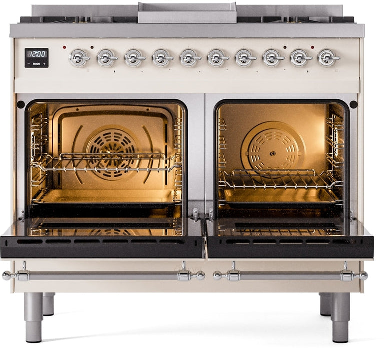 ILVE Nostalgie II 40" Dual Fuel Natural Gas Range in Antique White with Chrome Trim, UPD40FNMPAWC