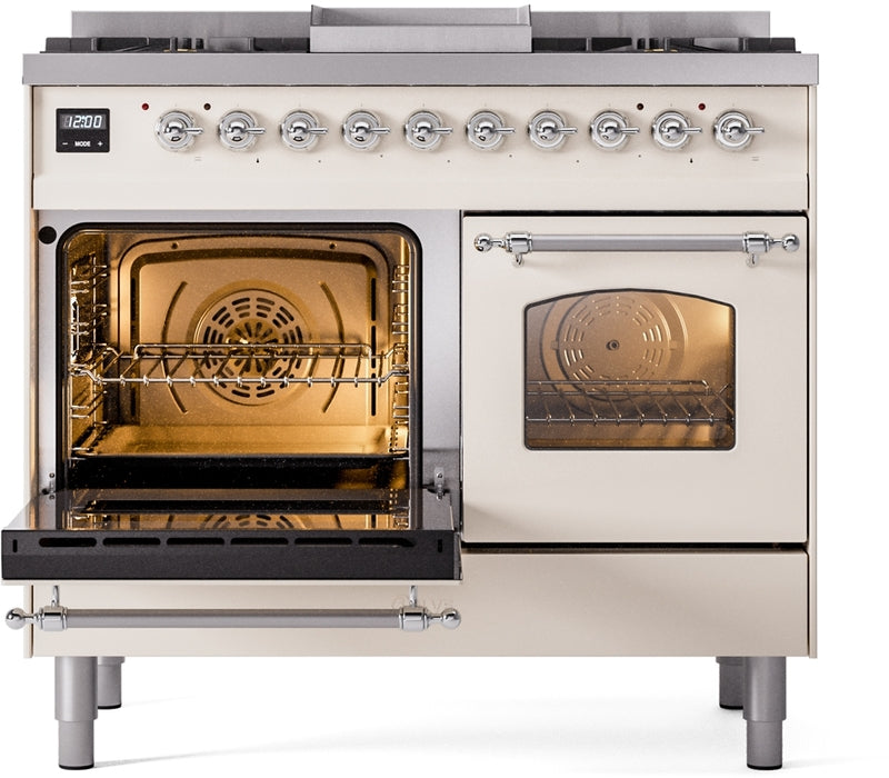 ILVE Nostalgie II 40" Dual Fuel Natural Gas Range in Antique White with Chrome Trim, UPD40FNMPAWC