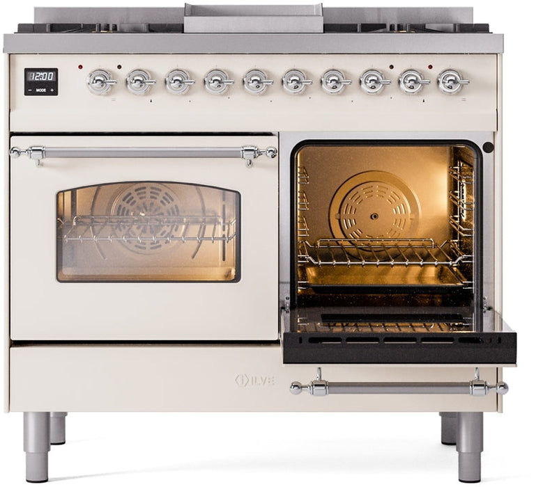 ILVE Nostalgie II 40" Dual Fuel Natural Gas Range in Antique White with Chrome Trim, UPD40FNMPAWC