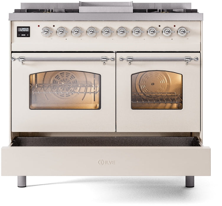 ILVE Nostalgie II 40" Dual Fuel Natural Gas Range in Antique White with Chrome Trim, UPD40FNMPAWC