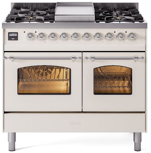 ILVE Nostalgie II 40" Dual Fuel Natural Gas Range in Antique White with Chrome Trim, UPD40FNMPAWC