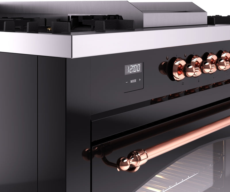 ILVE Nostalgie II 60" Dual Fuel Natural Gas Range in Glossy Black with Copper Trim, UP60FSNMPBKP