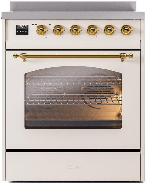 ILVE Nostalgie II 30" Induction Range with Element Stove and Electric Oven in Antique White with Brass Trim, UPI304NMPAWG