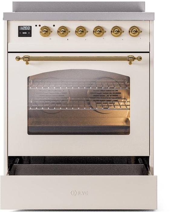 ILVE Nostalgie II 30" Induction Range with Element Stove and Electric Oven in Antique White with Brass Trim, UPI304NMPAWG