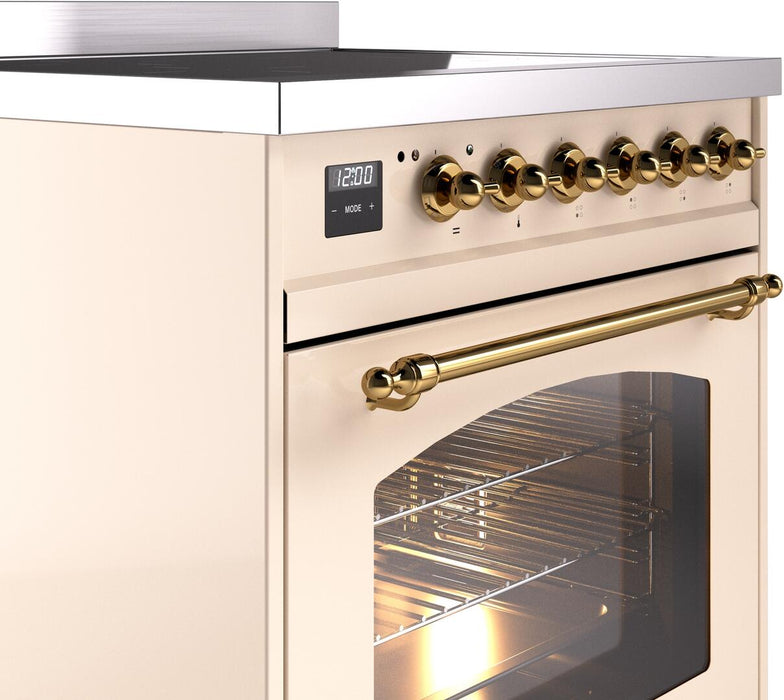 ILVE Nostalgie II 30" Induction Range with Element Stove and Electric Oven in Antique White with Brass Trim, UPI304NMPAWG