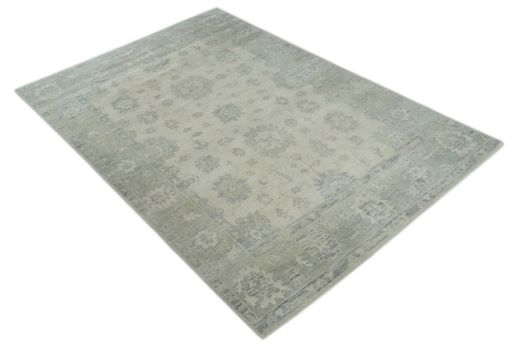 Earthy 8x10 Beige and Light Green Hand knotted Traditional Oushak wool Area Rug