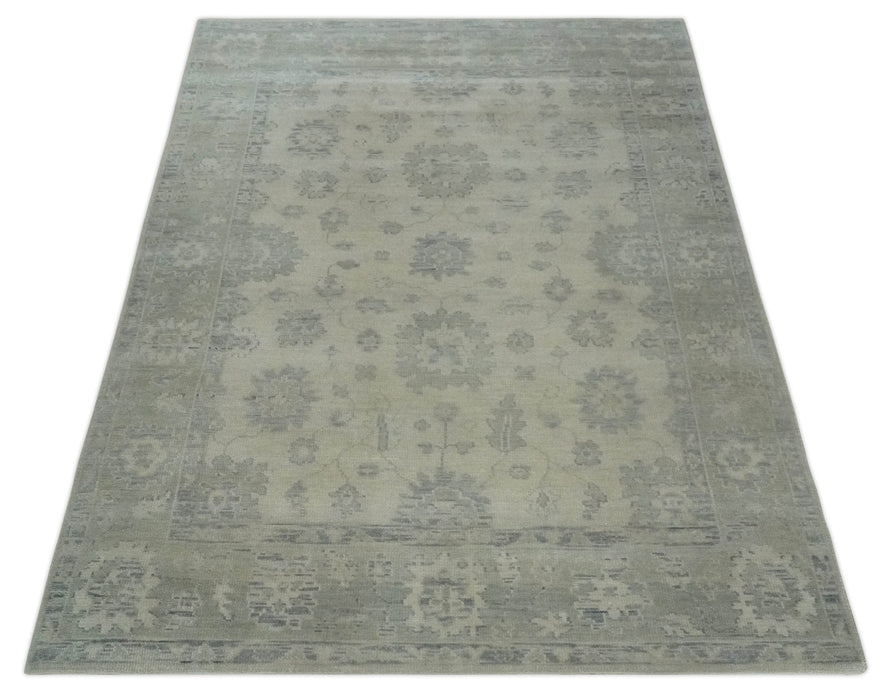 Earthy 8x10 Beige and Light Green Hand knotted Traditional Oushak wool Area Rug