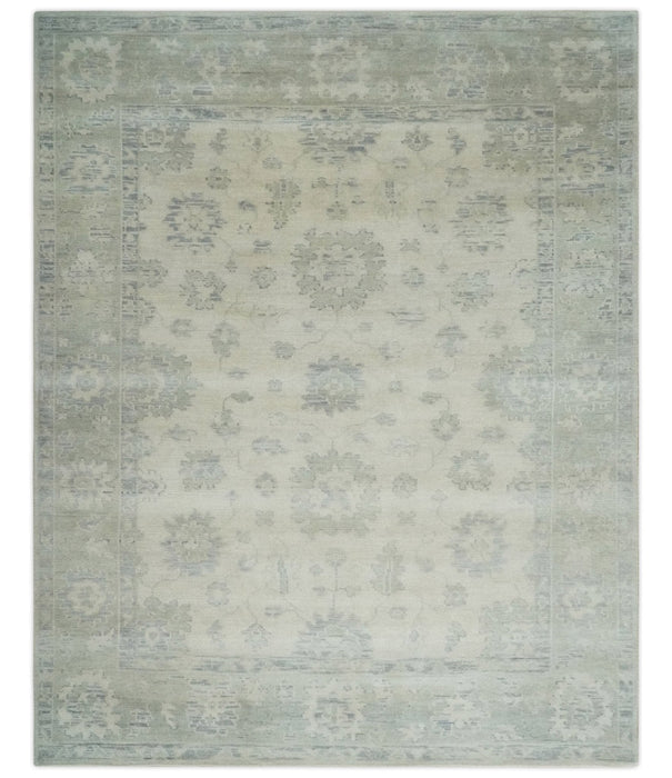 Earthy 8x10 Beige and Light Green Hand knotted Traditional Oushak wool Area Rug