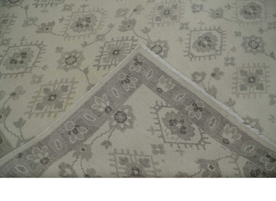 Earthy Contemporary 8x10 Traditional Ivory and Gray Antique Style Hand knotted Wool Area Rug