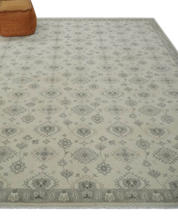 Earthy Contemporary 8x10 Traditional Ivory and Gray Antique Style Hand knotted Wool Area Rug