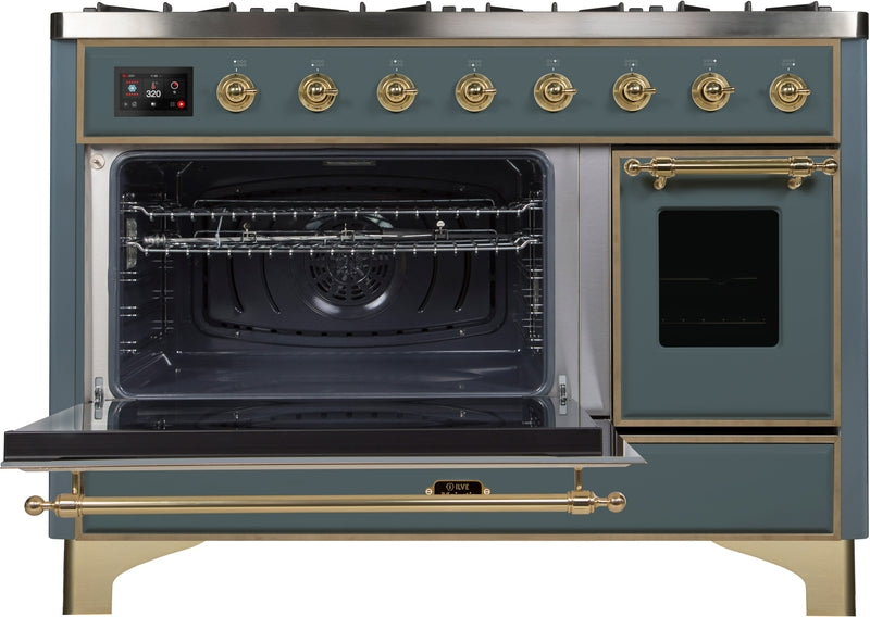 ILVE Majestic II 48" Dual Fuel Propane Gas Range in Blue Grey with Brass Trim, UM12FDNS3BGGLP