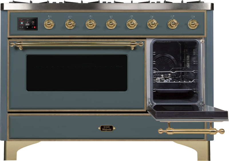 ILVE Majestic II 48" Dual Fuel Propane Gas Range in Blue Grey with Brass Trim, UM12FDNS3BGGLP