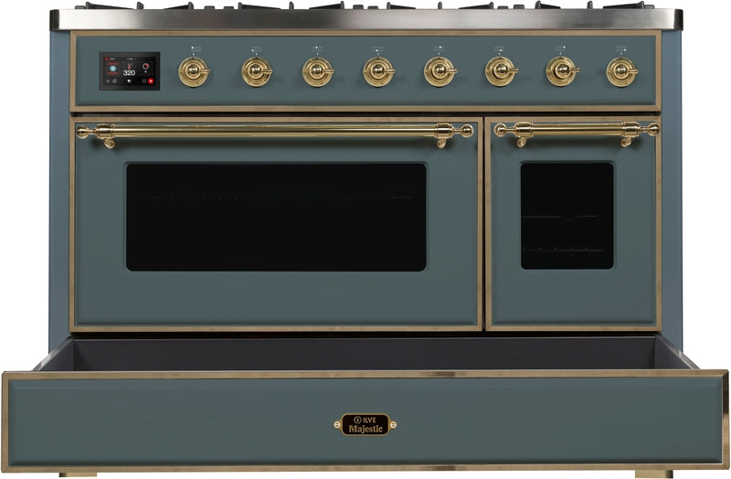 ILVE Majestic II 48" Dual Fuel Propane Gas Range in Blue Grey with Brass Trim, UM12FDNS3BGGLP