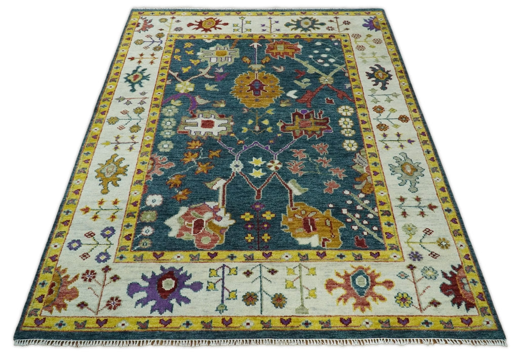 Traditional Floral Teal, Ivory and Mustard Hand Knotted Oriental Oushak Multi Size wool Area Rug