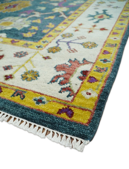Traditional Floral Teal, Ivory and Mustard Hand Knotted Oriental Oushak Multi Size wool Area Rug