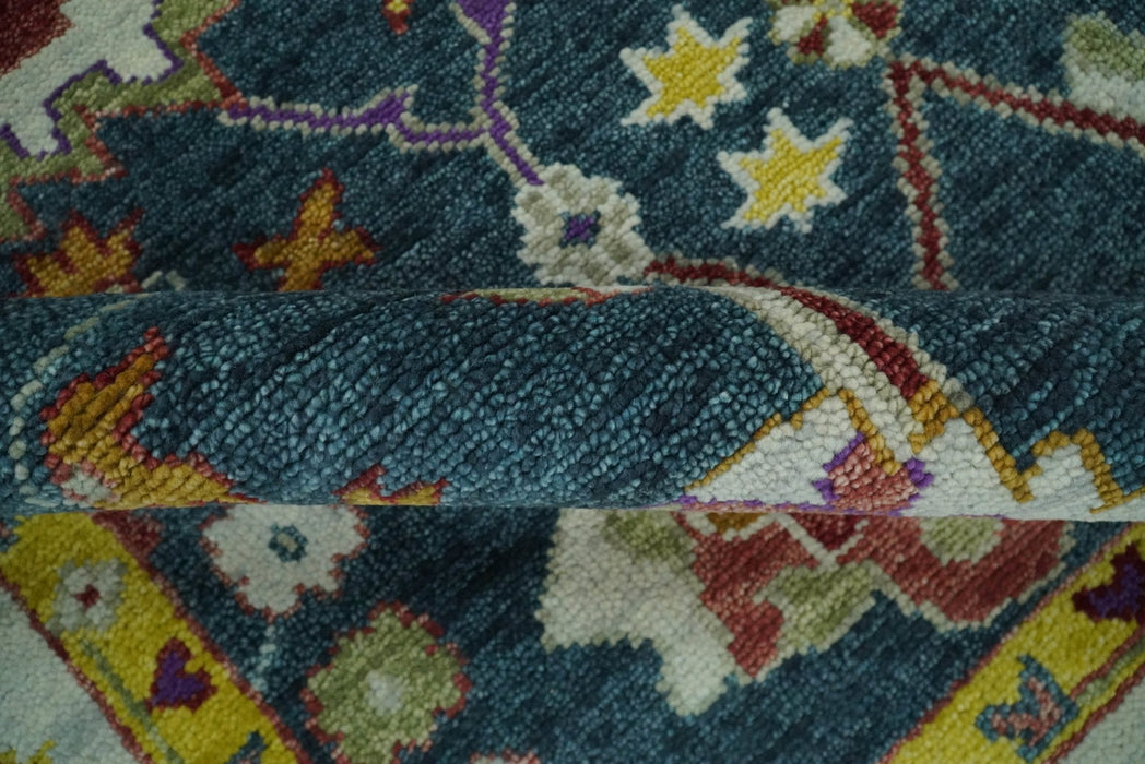 Traditional Floral Teal, Ivory and Mustard Hand Knotted Oriental Oushak Multi Size wool Area Rug