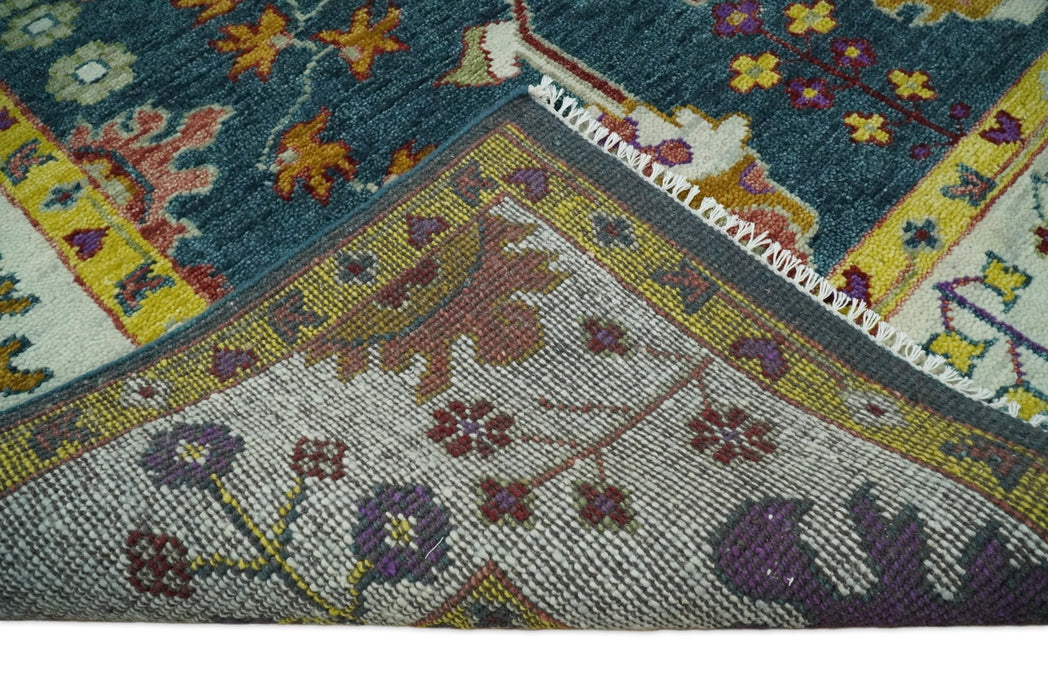 Traditional Floral Teal, Ivory and Mustard Hand Knotted Oriental Oushak Multi Size wool Area Rug