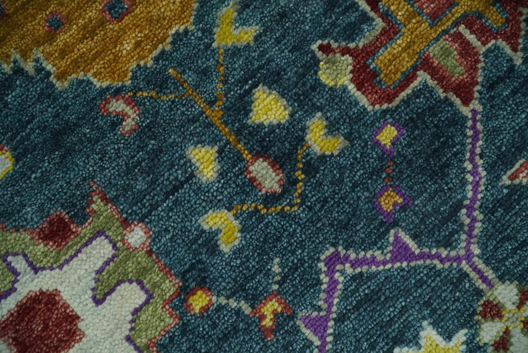 Traditional Floral Teal, Ivory and Mustard Hand Knotted Oriental Oushak Multi Size wool Area Rug