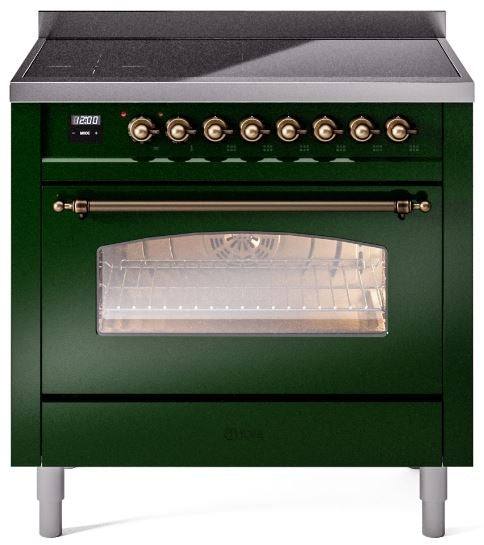 ILVE Nostalgie II 36" Induction Range with Element Stove and Electric Oven in Emerald Green with Bronze Trim, UPI366NMPEGB