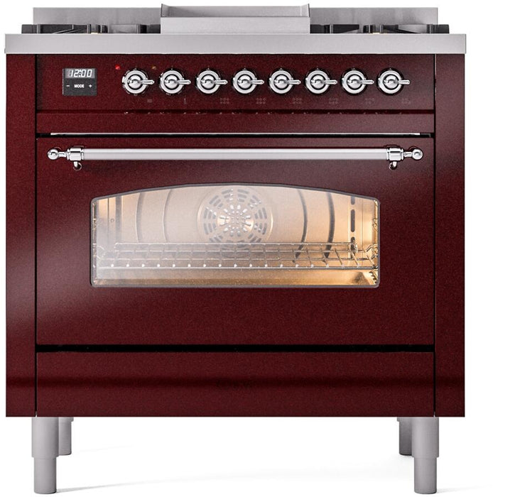 ILVE Nostalgie II 36" Dual Fuel Propane Gas Range in Burgundy with Chrome Trim, UP36FNMPBUCLP